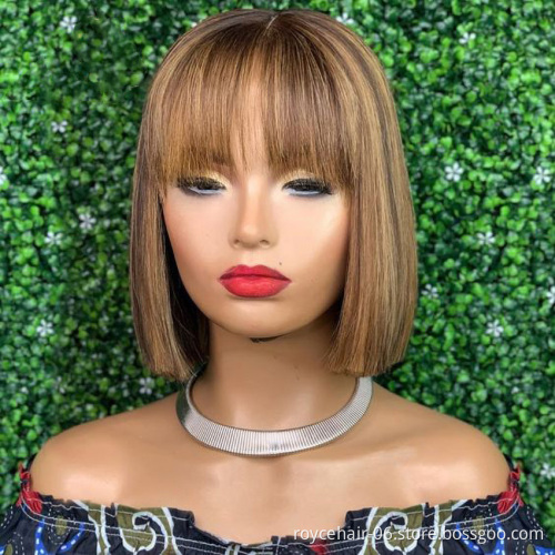 150% Density Wholesale Blonde Brazilian Virgin Hair Ombre Color Bob Human Wig With Bangs For Women